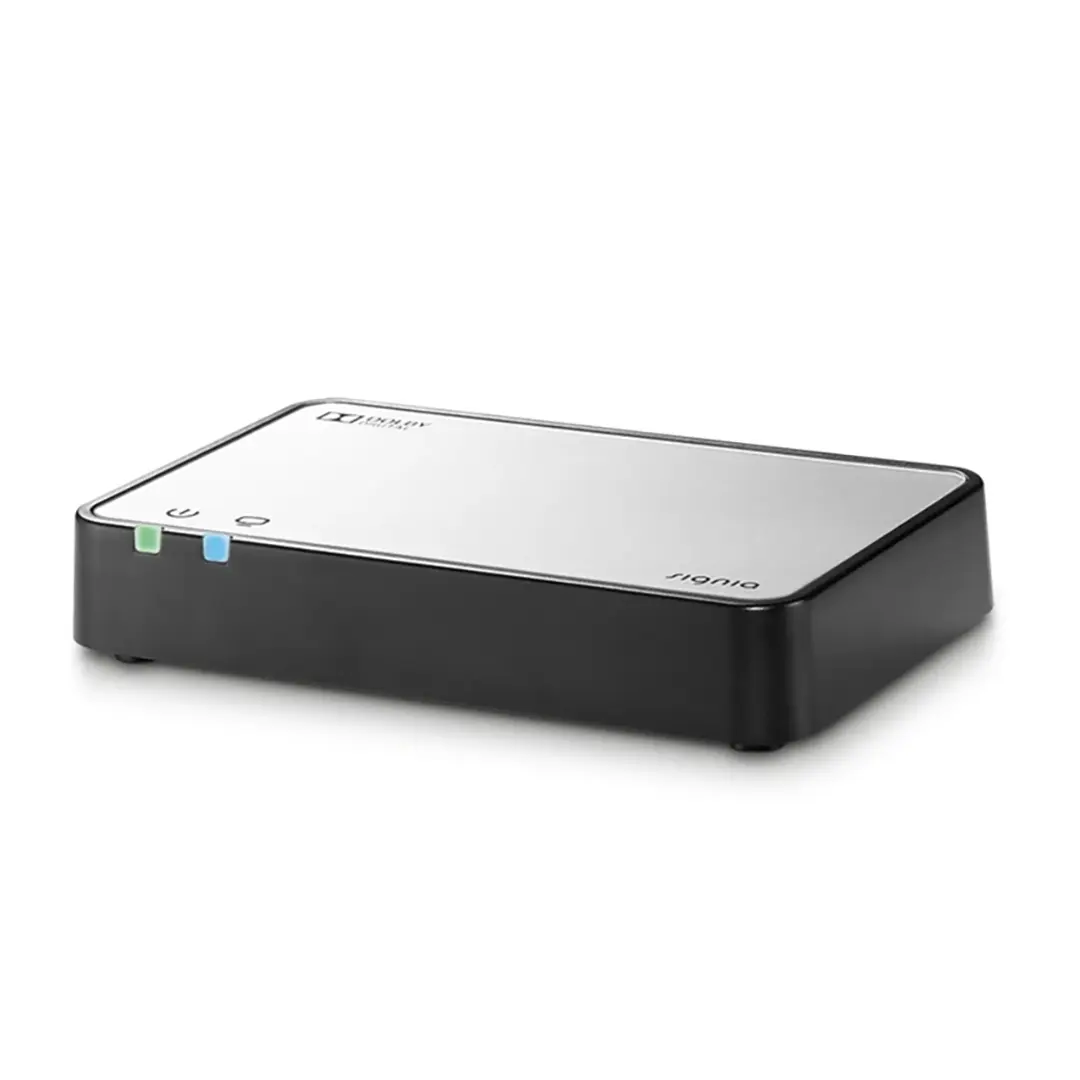 Sleek modem for seamless TV streaming at Travancore Hearing Solutions.